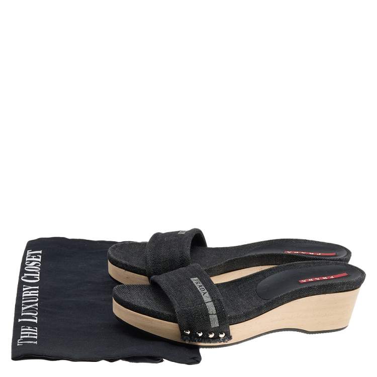 Pre Owned Prada Sport Black Canvas Wedge Slide Sandals Size 37.5