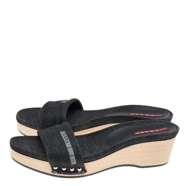 Pre Owned Prada Sport Black Canvas Wedge Slide Sandals Size 37.5