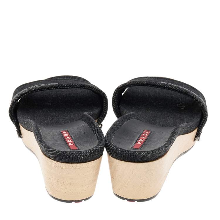 Pre Owned Prada Sport Black Canvas Wedge Slide Sandals Size 37.5