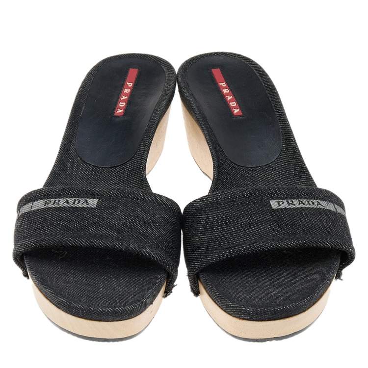Pre Owned Prada Sport Black Canvas Wedge Slide Sandals Size 37.5