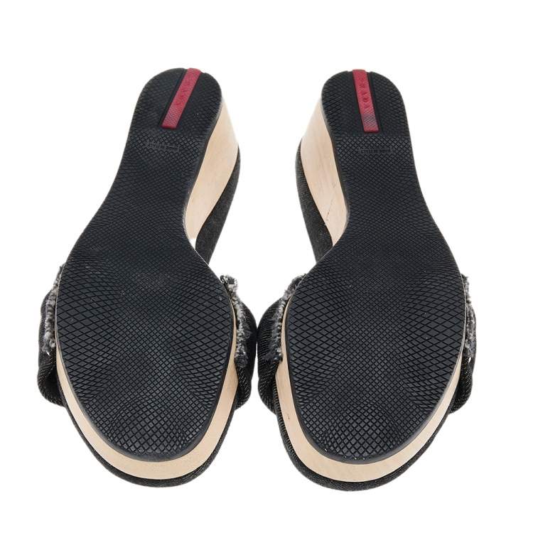 Pre Owned Prada Sport Black Canvas Wedge Slide Sandals Size 37.5