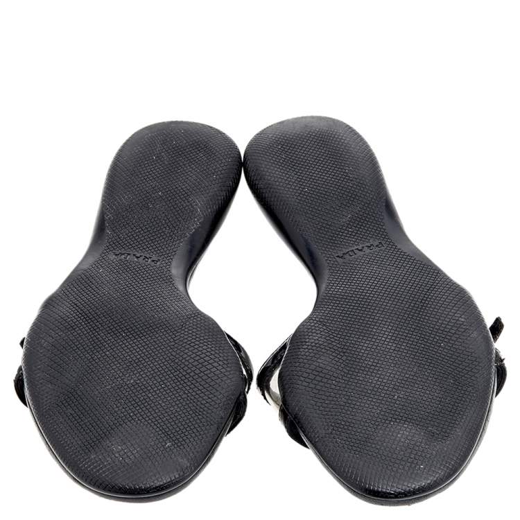 Pre Owned Prada Sport Black Patent Leather And PVC Open Toe Flat Slides Size 36.5 