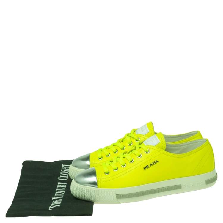 Pre Owned Prada Sport Neon Green/Silver Leather Cap Toe Low Top Sneakers Size 36 