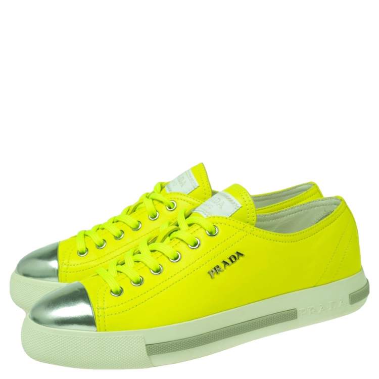 Pre Owned Prada Sport Neon Green/Silver Leather Cap Toe Low Top Sneakers Size 36 