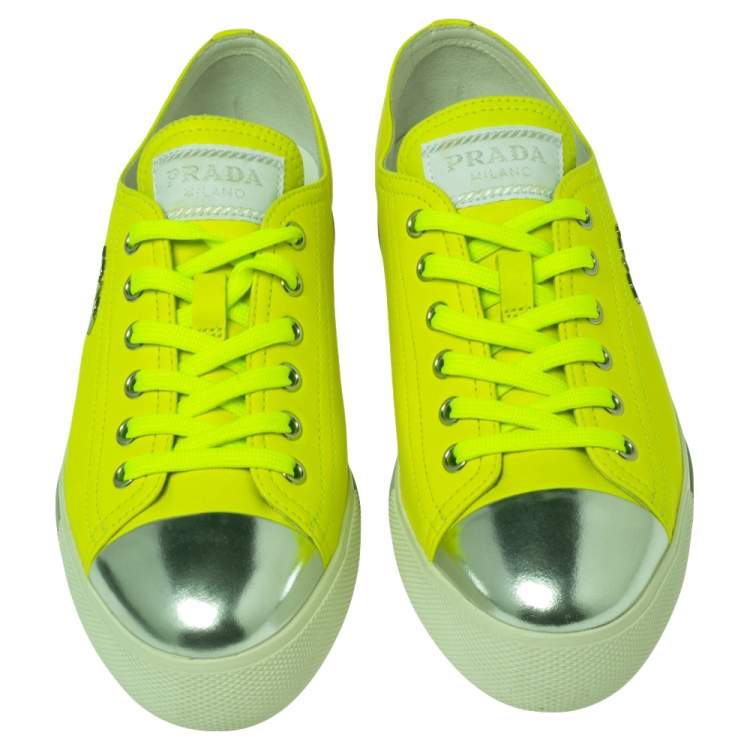 Pre Owned Prada Sport Neon Green/Silver Leather Cap Toe Low Top Sneakers Size 36 