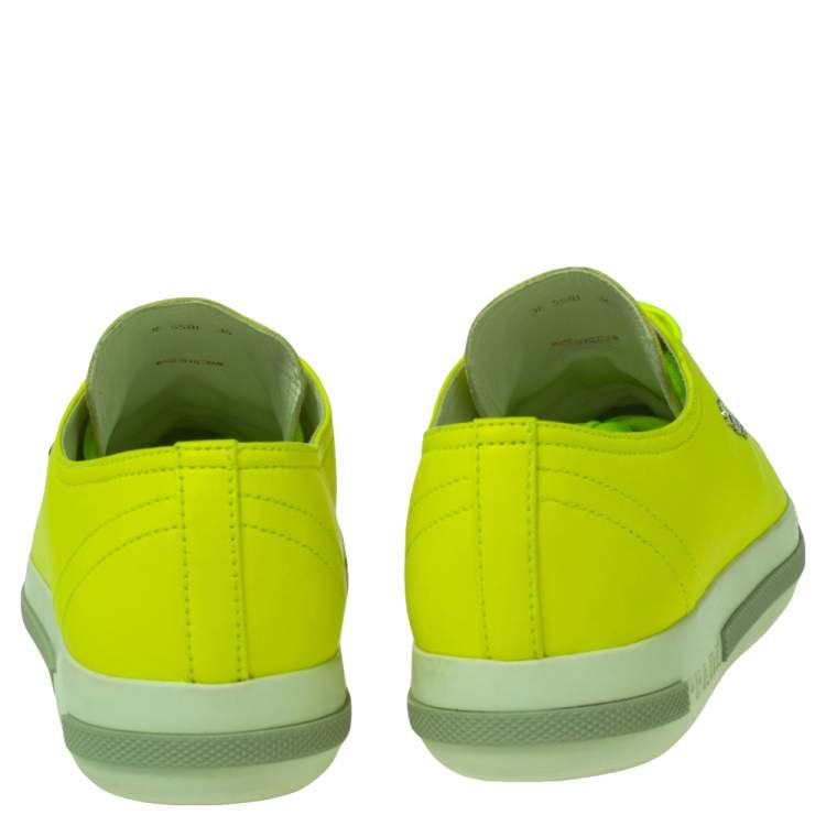 Pre Owned Prada Sport Neon Green/Silver Leather Cap Toe Low Top Sneakers Size 36 