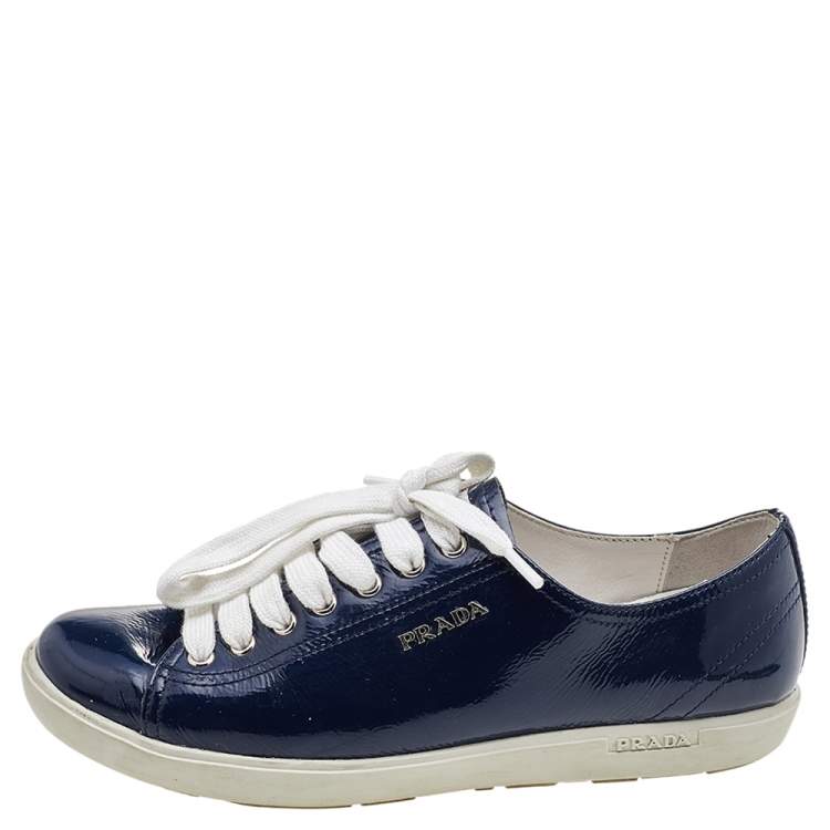 Pre Owned Prada Sport Blue Patent Leather Low Top Sneakers Size 37.5
