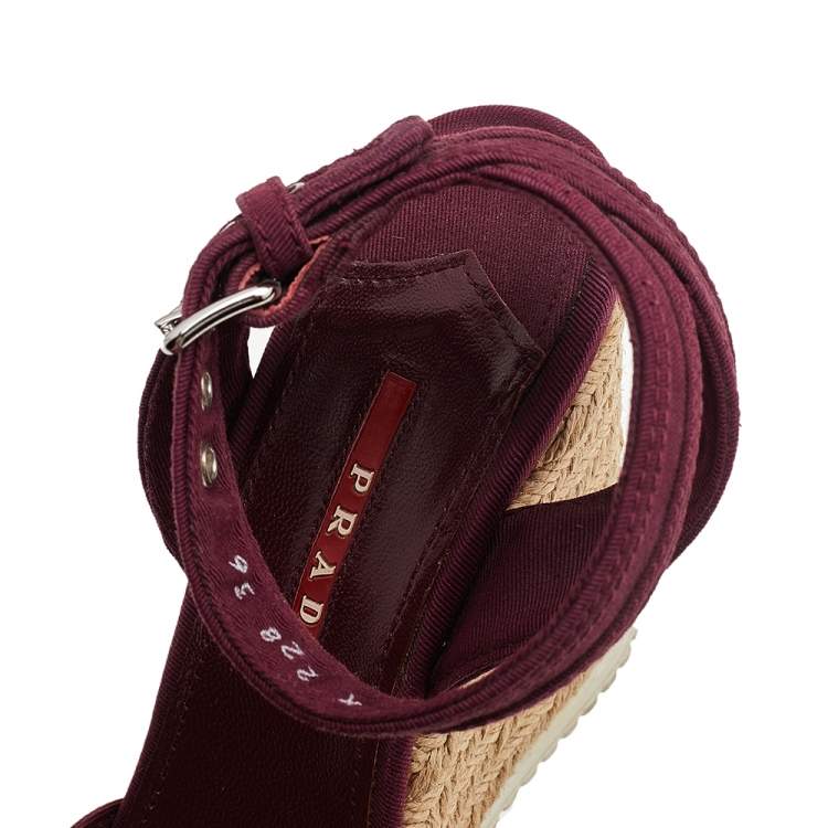 Pre Owned Prada Sport Burgundy Canvas Ankle Strap Wedge Sandals Size 36