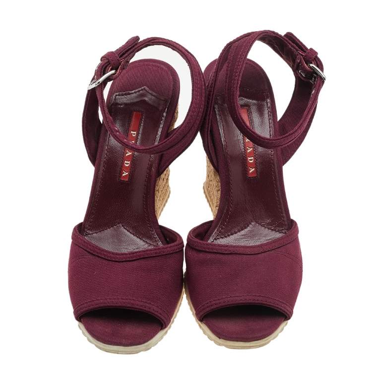 Pre Owned Prada Sport Burgundy Canvas Ankle Strap Wedge Sandals Size 36