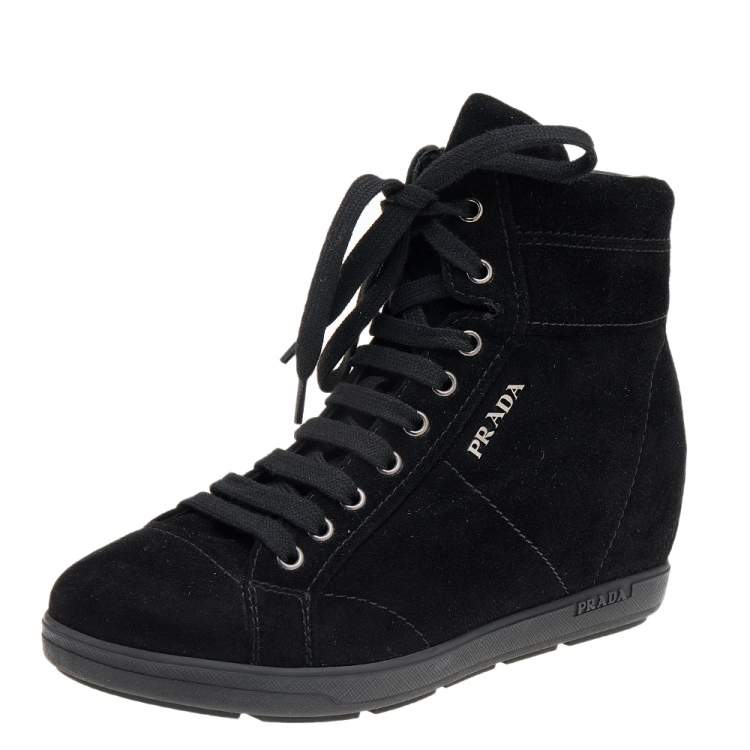 Pre Owned Prada Sport Black Suede Wedge Sneakers Size 35.5
