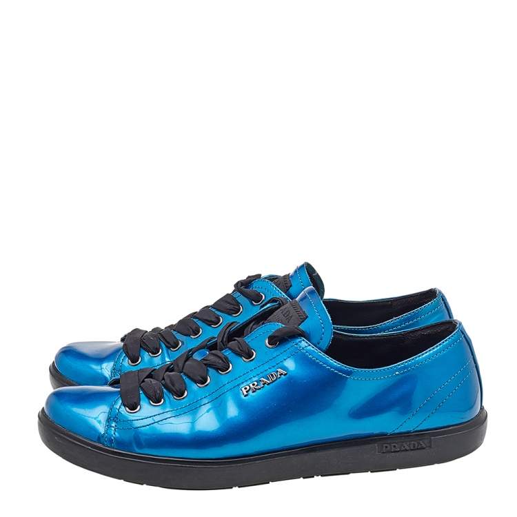 Pre Owned Prada Sport Blue Patent Leather Low Top Sneakers Size 40