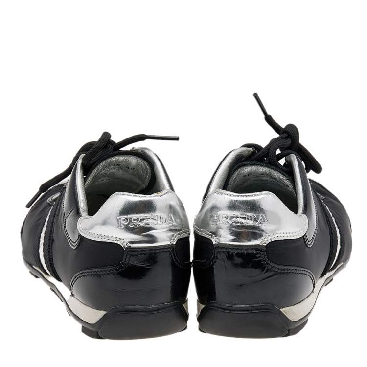 Pre Owned Prada Sport Black/Silver Nylon And Patent Leather Low Top Sneakers Size 39