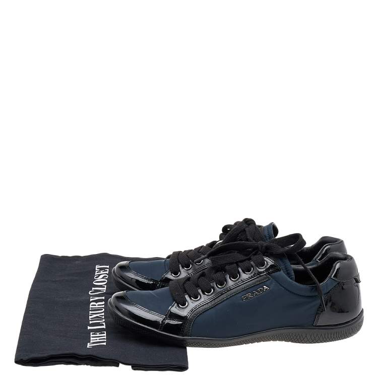 Pre Owned Prada Sport Black/Navy Blue Patent Leather And Nylon Low Top Sneakers Size 38