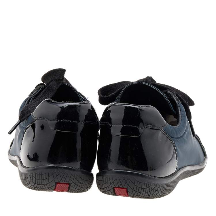 Pre Owned Prada Sport Black/Navy Blue Patent Leather And Nylon Low Top Sneakers Size 38