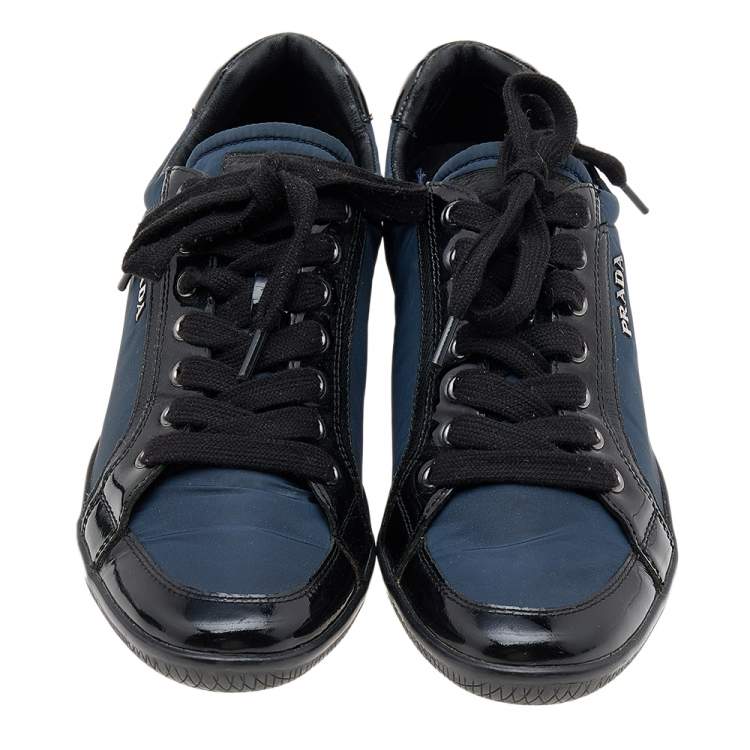 Pre Owned Prada Sport Black/Navy Blue Patent Leather And Nylon Low Top Sneakers Size 38