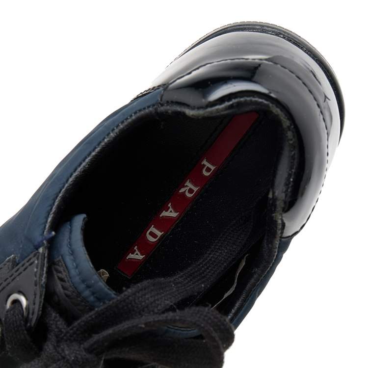 Pre Owned Prada Sport Black/Navy Blue Patent Leather And Nylon Low Top Sneakers Size 38