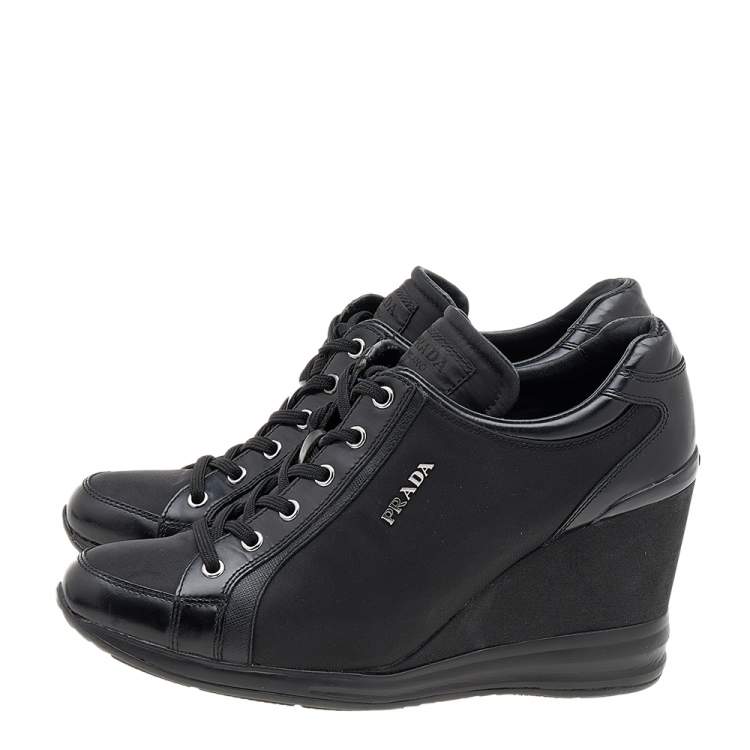 Pre Owned Prada Sport Black Leather And Nylon Lace Up Wedge Sneakers Size 39