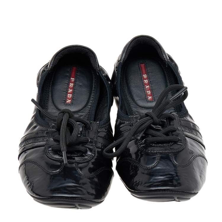 Pre Owned Prada Sport Black Patent Leather Lace Up Ballet Flats Size 36.5