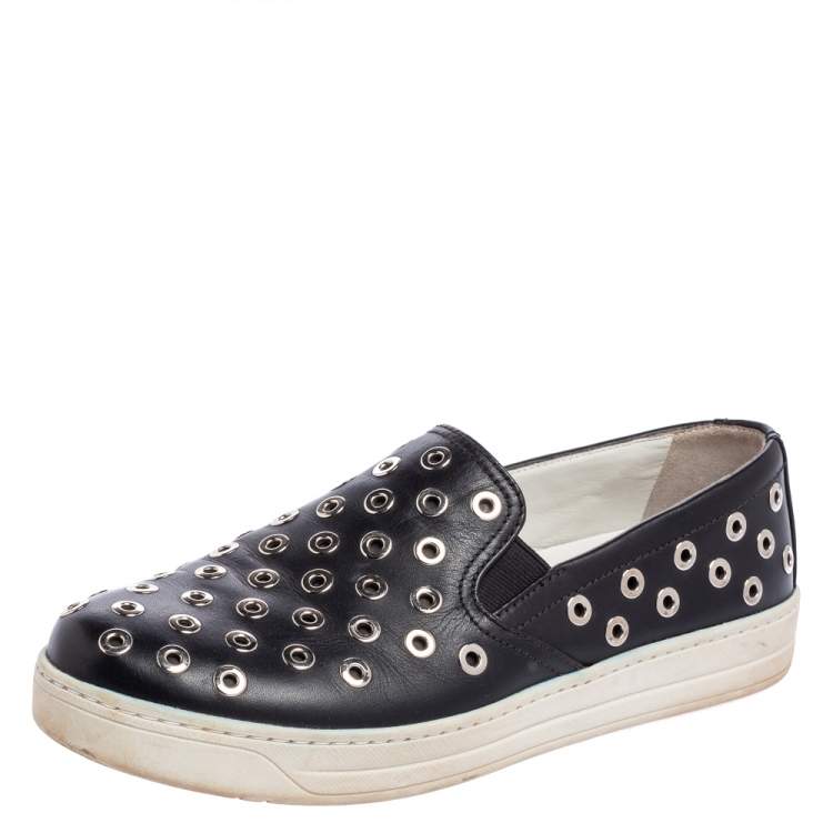 Pre Owned Prada Sport Black Leather Eyelet Embellished Slip-On Sneakers Size 38