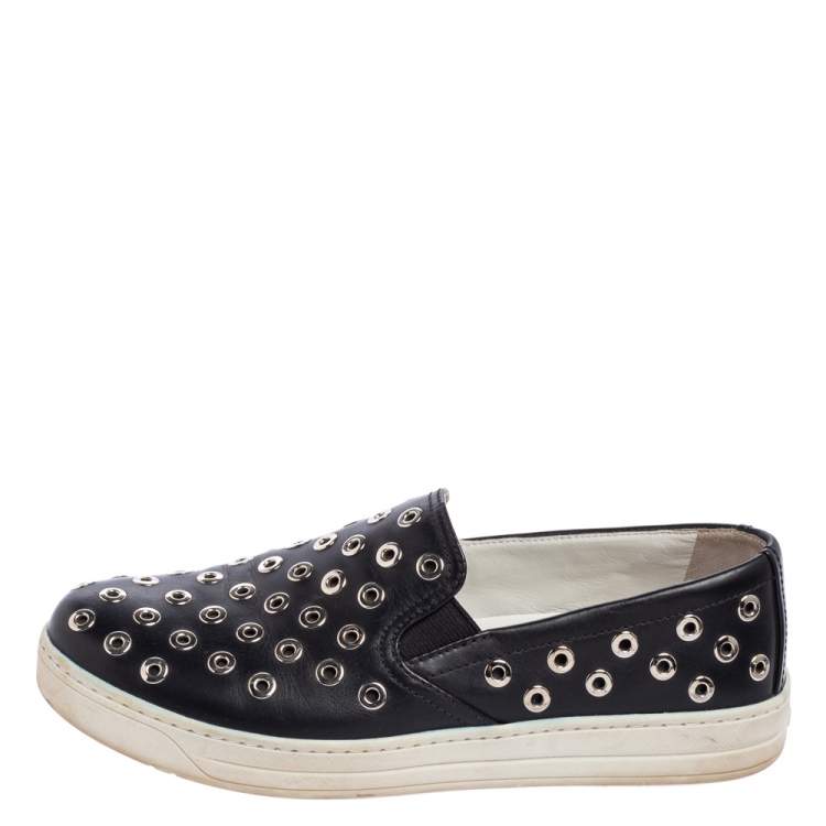 Prada Sport Black Leather Eyelet Embellished Slip-On Sneakers Size 38 Prada  Sport | TLC