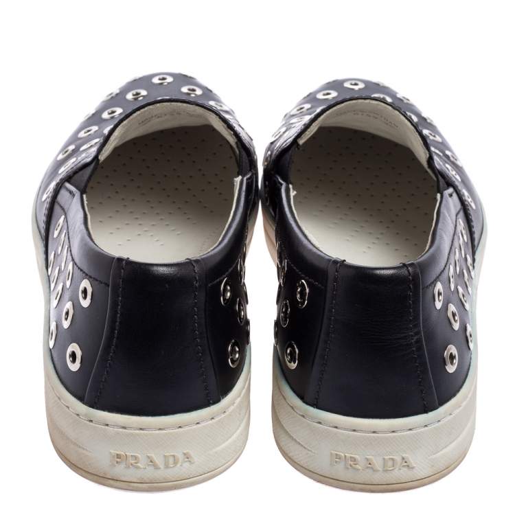 Pre Owned Prada Sport Black Leather Eyelet Embellished Slip-On Sneakers Size 38