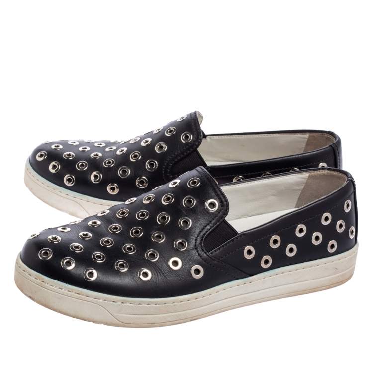 Pre Owned Prada Sport Black Leather Eyelet Embellished Slip-On Sneakers Size 38
