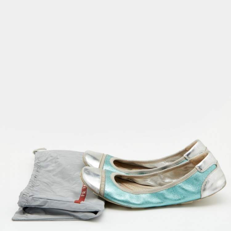 Pre Owned Prada Sport Metallic Green/Silver Leather Scrunch Ballet Flats Size 38.5