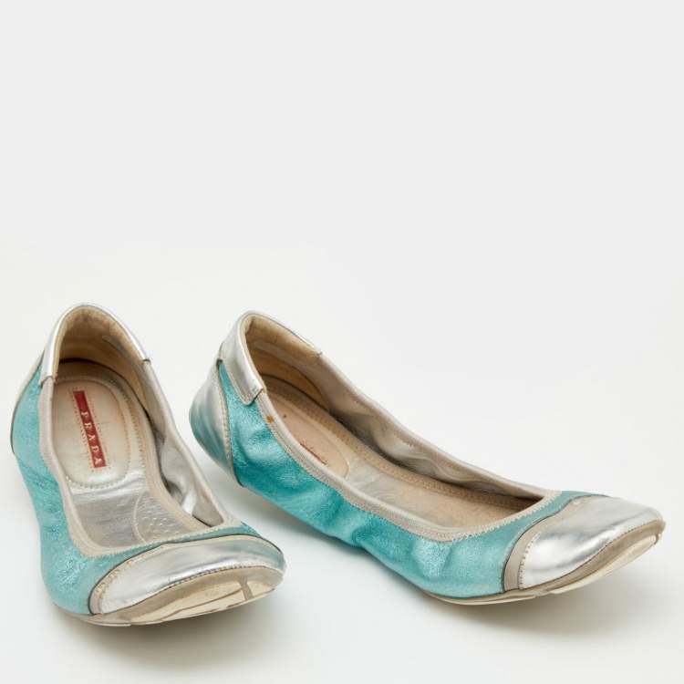 Pre Owned Prada Sport Metallic Green/Silver Leather Scrunch Ballet Flats Size 38.5