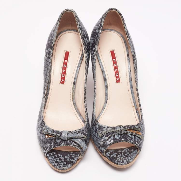 Pre Owned Prada Sport Blue Python Embossed Leather Peep Toe Wedge Espadrille Pumps Size 36