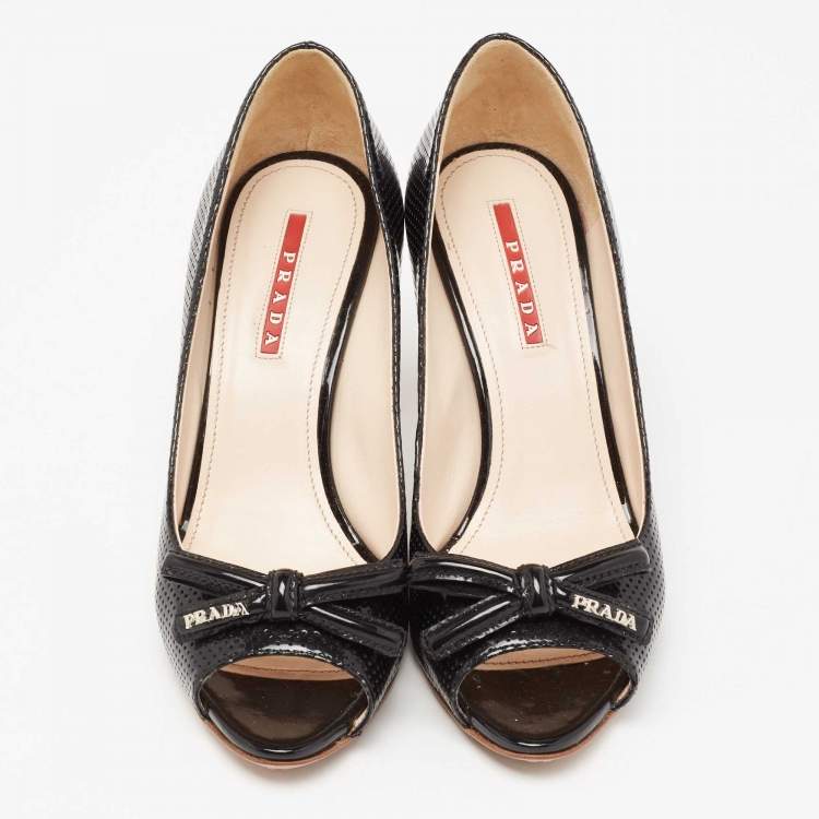 Pre Owned Prada Sport Black Patent Leather Peep Toe Pumps Size 37