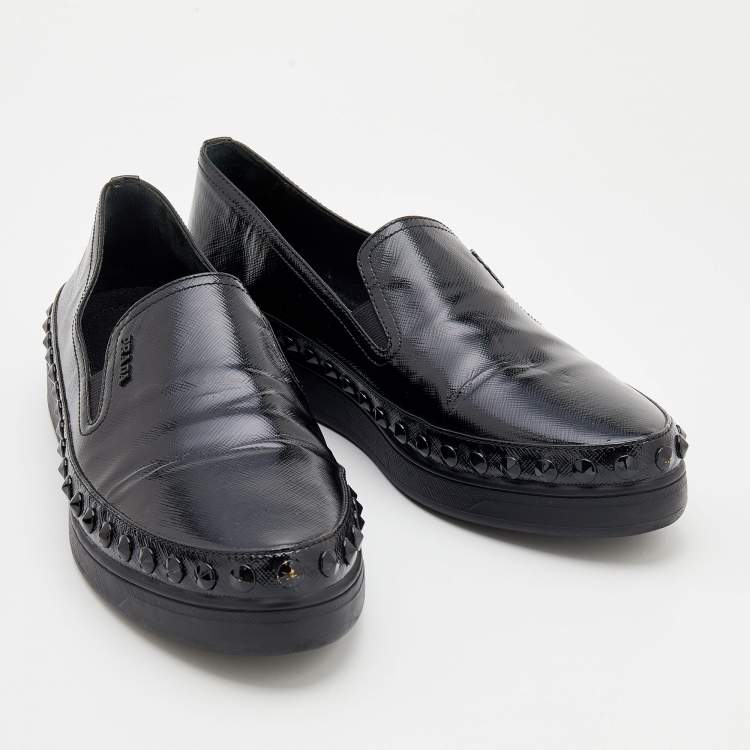 Pre Owned Prada Sport Black Saffiano Patent Leather Studded Slip On Sneakers Size 41