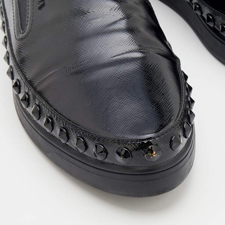 Pre Owned Prada Sport Black Saffiano Patent Leather Studded Slip On Sneakers Size 41