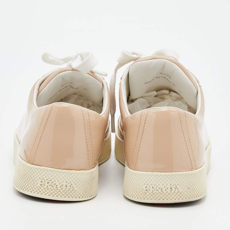 Pre Owned Prada Sport Beige Patent Leather Low Top Sneakers Size 38