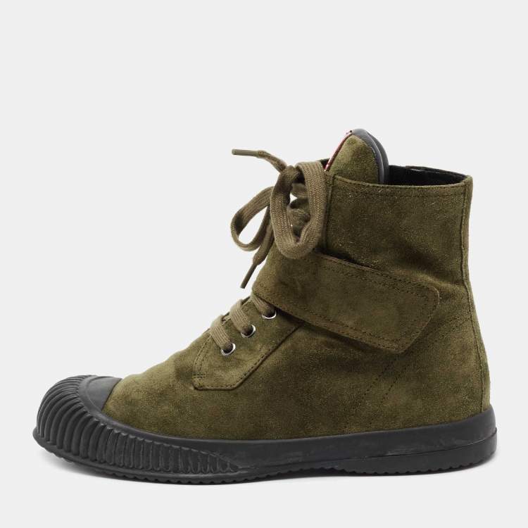 Pre Owned Prada Sport Olive Green/Black Suede and Rubber Lace-Up Ankle Boots Size 38