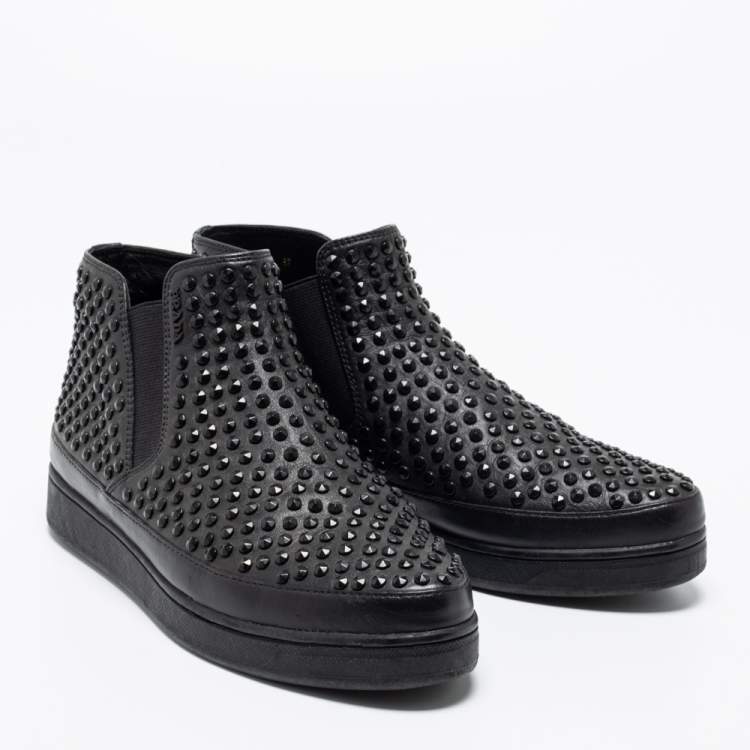 Pre Owned Prada Sport Black Leather Spikes Embellished Slip-On Sneakers Size 37