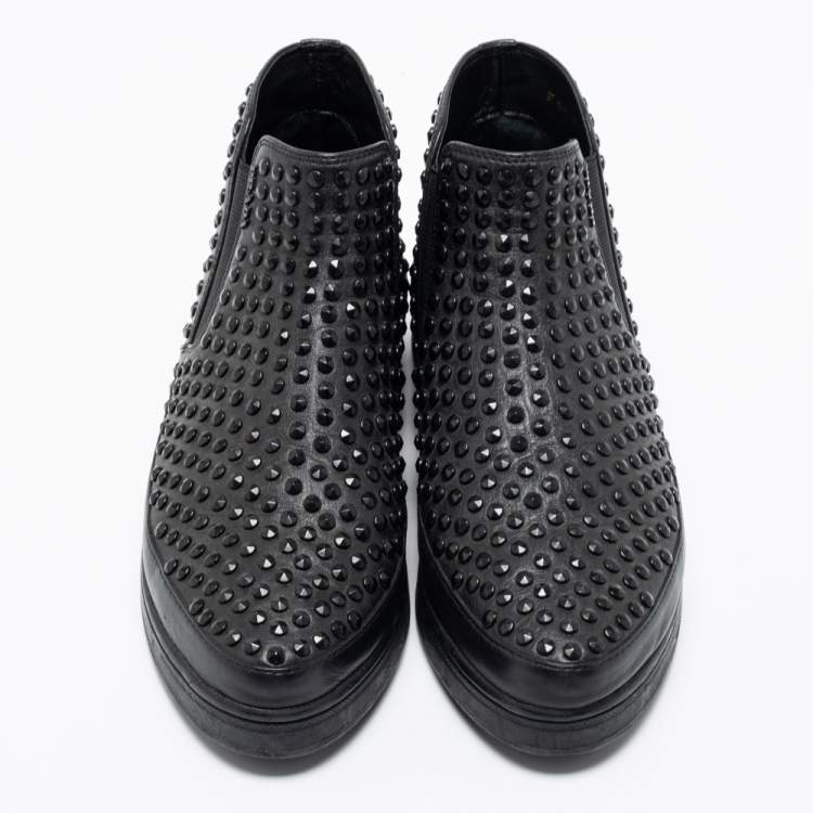 Pre Owned Prada Sport Black Leather Spikes Embellished Slip-On Sneakers Size 37