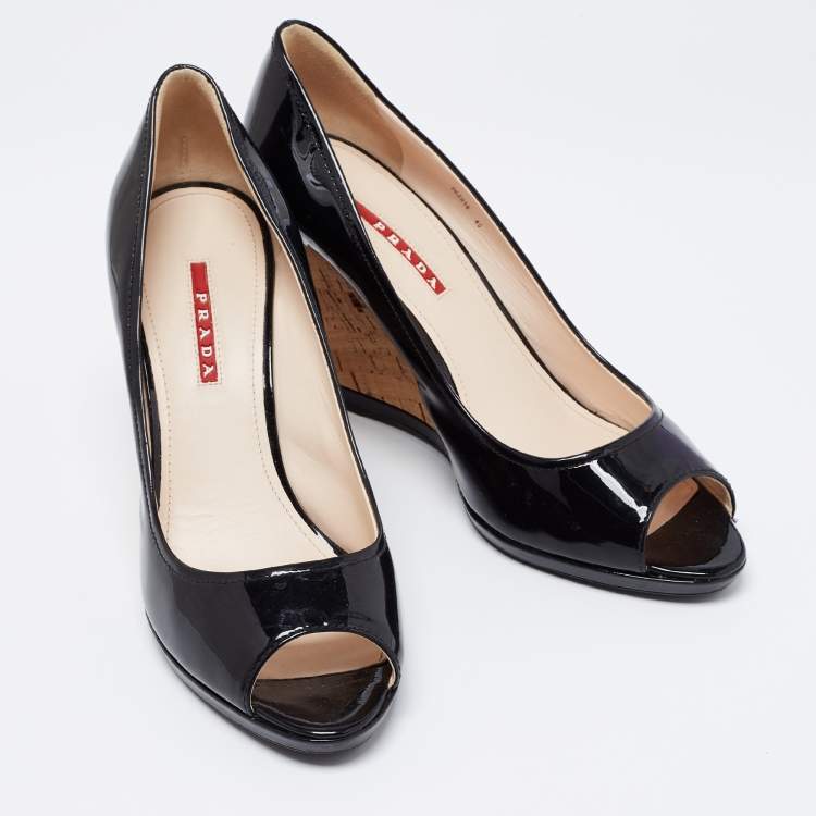 Pre Owned Prada Sport Black Patent Leather Peep Toe Cork Wedge Pumps Size 40