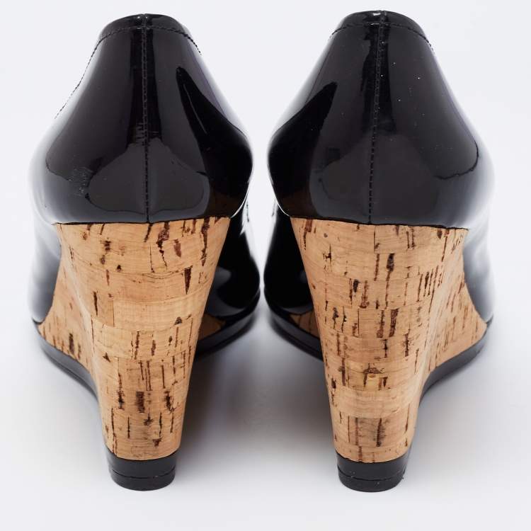 Pre Owned Prada Sport Black Patent Leather Peep Toe Cork Wedge Pumps Size 40