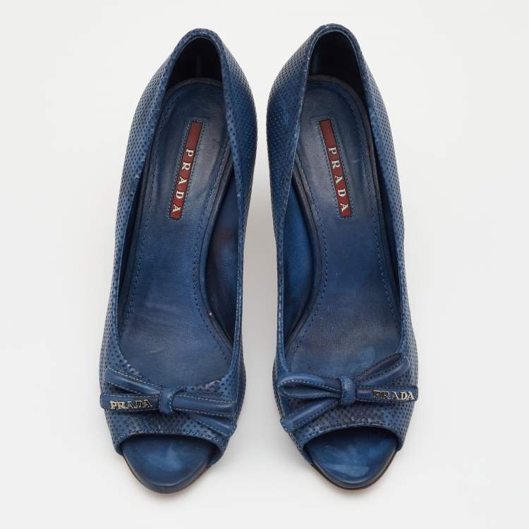Pre Owned Prada Sport Blue Perforated Leather Bow Peep Toe Pumps Size 36