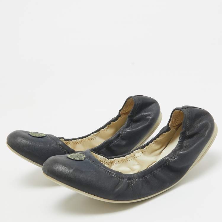 Pre Owned Prada Navy Blue Leather Scrunch Ballet Flats Size 38.5