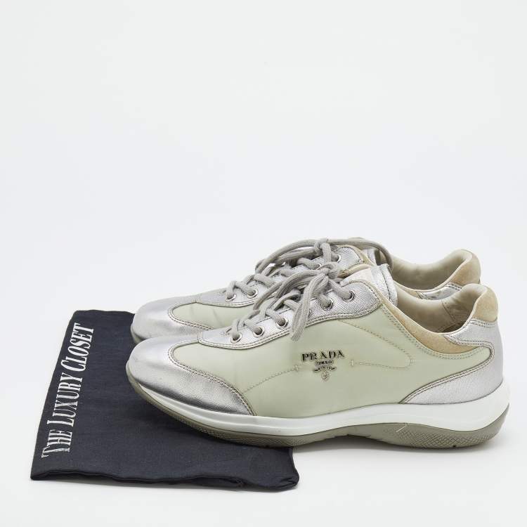 Pre Owned Prada Sport Silver/Grey Leather And Nylon Low Top Sneakers Size 38