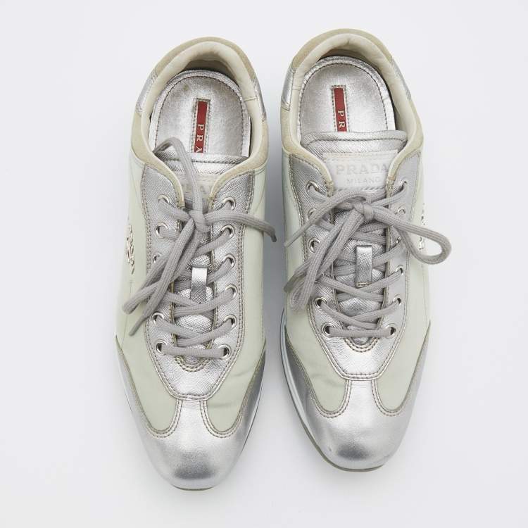 Pre Owned Prada Sport Silver/Grey Leather And Nylon Low Top Sneakers Size 38