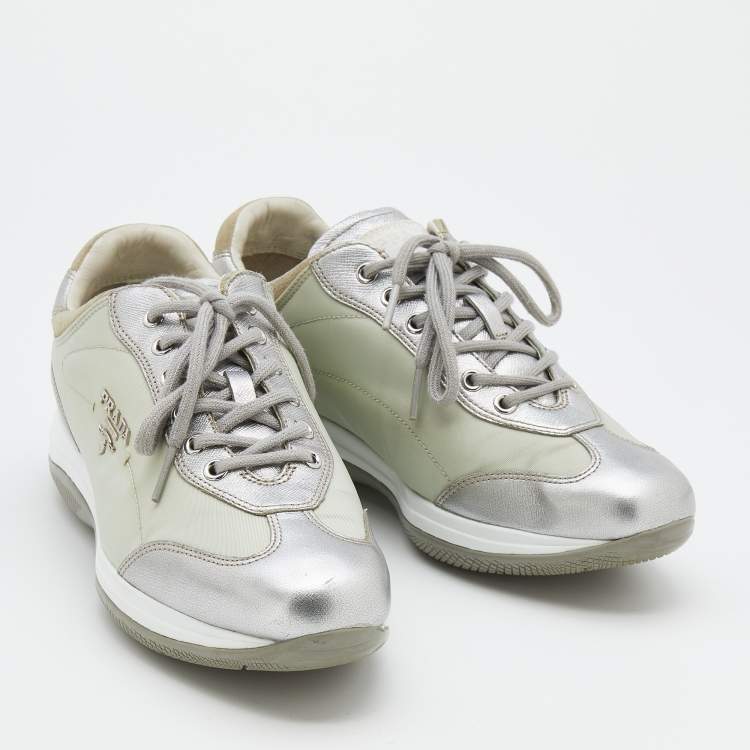 Pre Owned Prada Sport Silver/Grey Leather And Nylon Low Top Sneakers Size 38