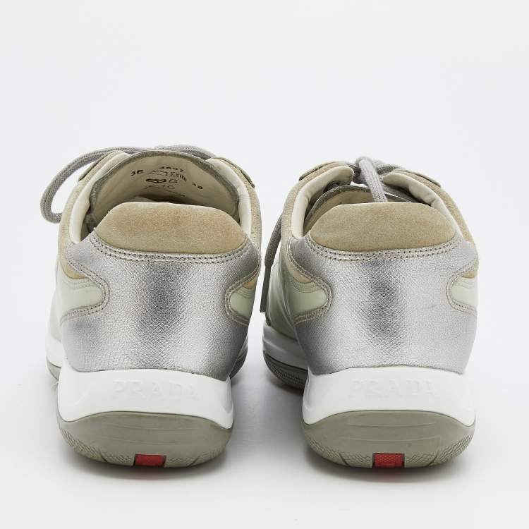 Pre Owned Prada Sport Silver/Grey Leather And Nylon Low Top Sneakers Size 38