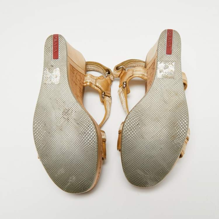 Pre Owned Prada Sport Gold/Beige Leather and Velvet Cork Platform Wedge Sandals Size 36.5