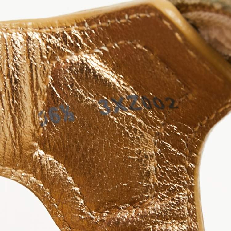 Pre Owned Prada Sport Gold/Beige Leather and Velvet Cork Platform Wedge Sandals Size 36.5