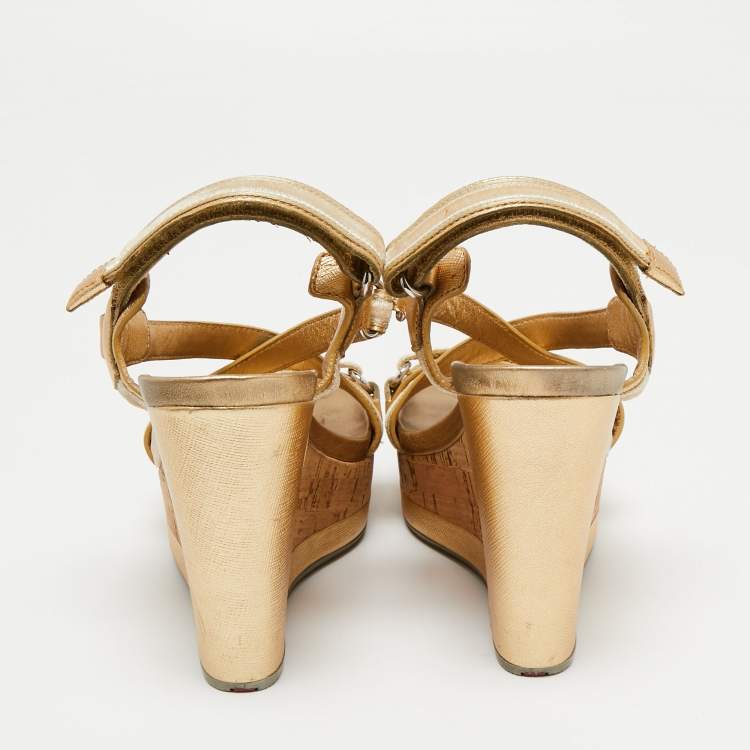 Pre Owned Prada Sport Gold/Beige Leather and Velvet Cork Platform Wedge Sandals Size 36.5
