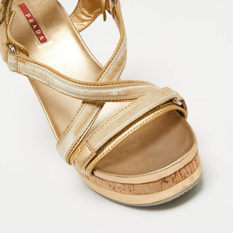 Pre Owned Prada Sport Gold/Beige Leather and Velvet Cork Platform Wedge Sandals Size 36.5