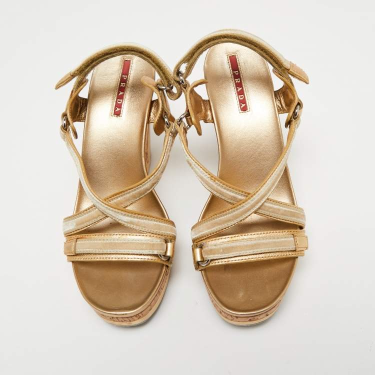 Pre Owned Prada Sport Gold/Beige Leather and Velvet Cork Platform Wedge Sandals Size 36.5