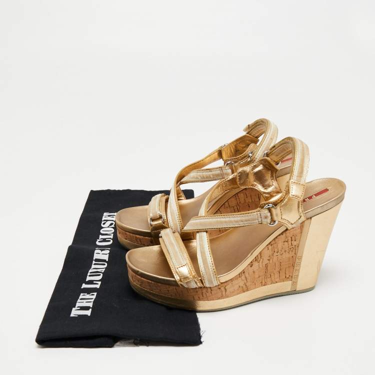 Pre Owned Prada Sport Gold/Beige Leather and Velvet Cork Platform Wedge Sandals Size 36.5